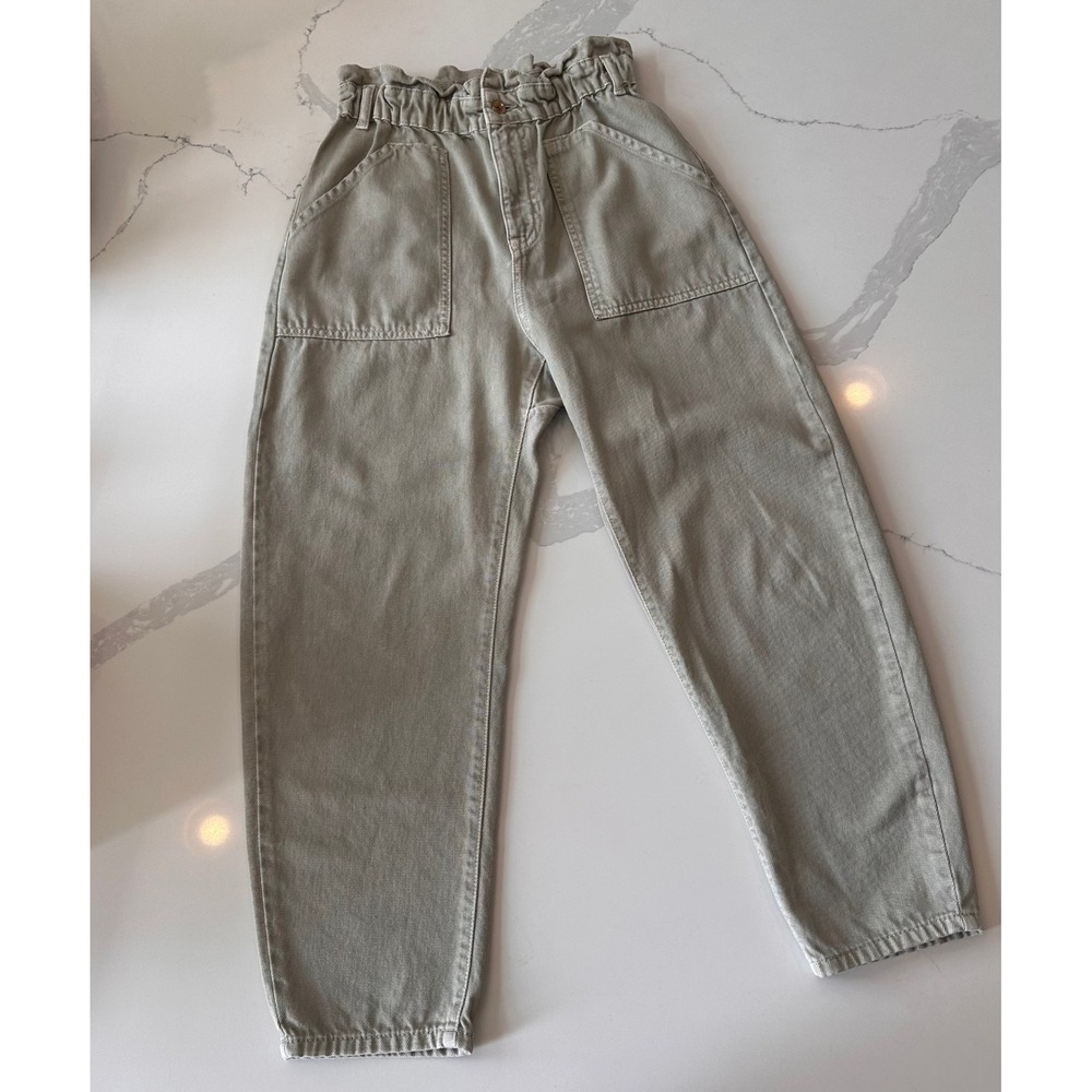 Zara Womens Paperbag Waist High Rise Tapered Denim Pants Khaki Green Cotton